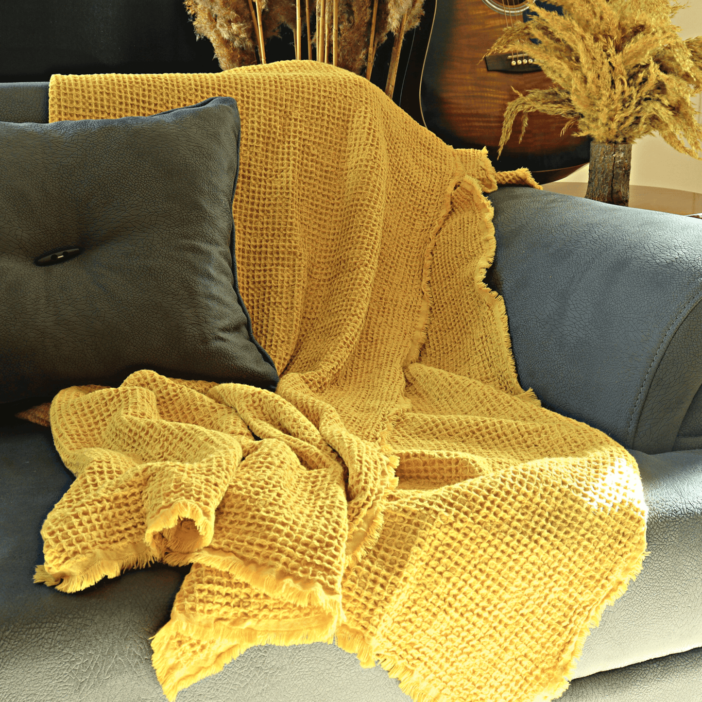 Mustard Yellow Waffle Throw Blankets