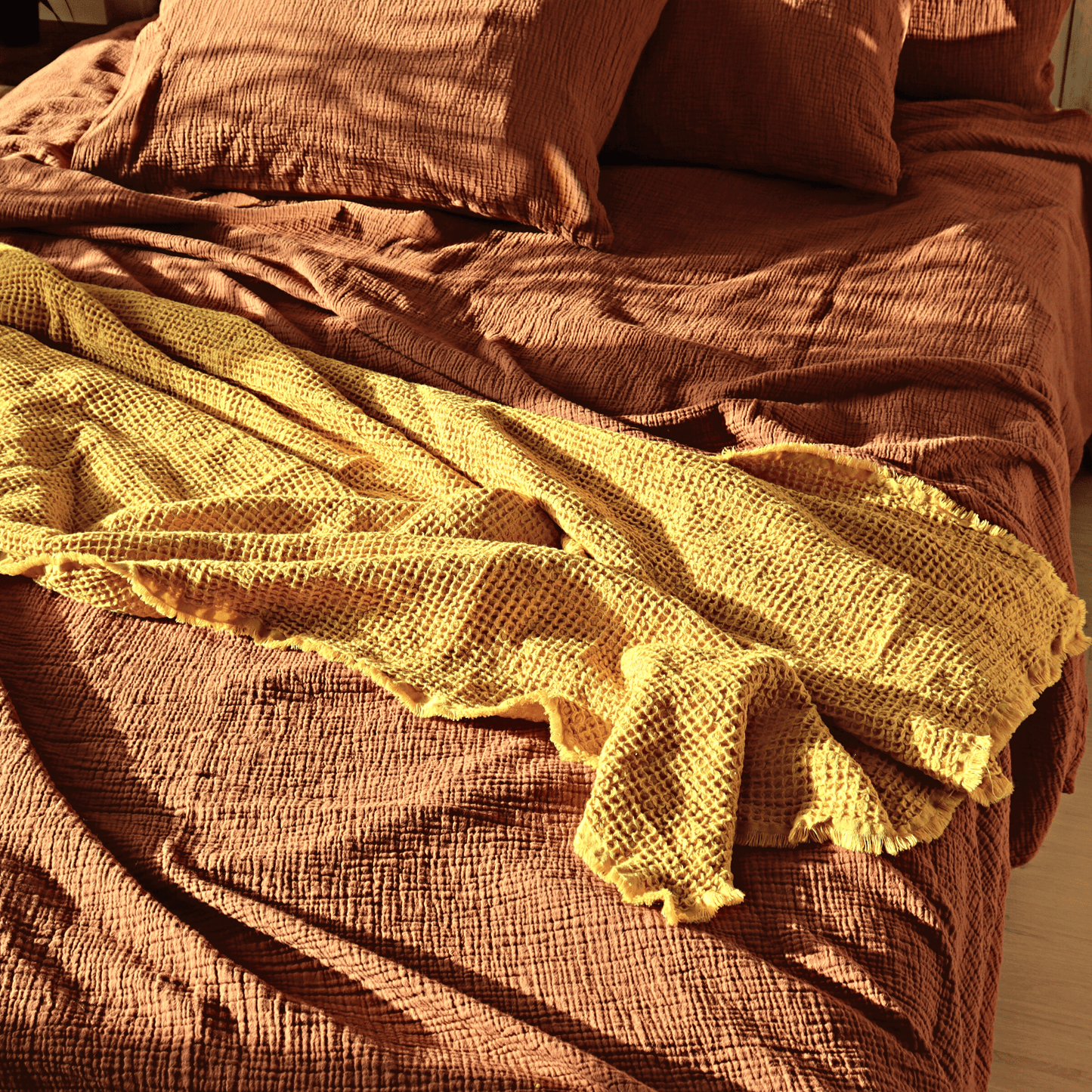 Mustard Yellow Waffle Throw Blankets