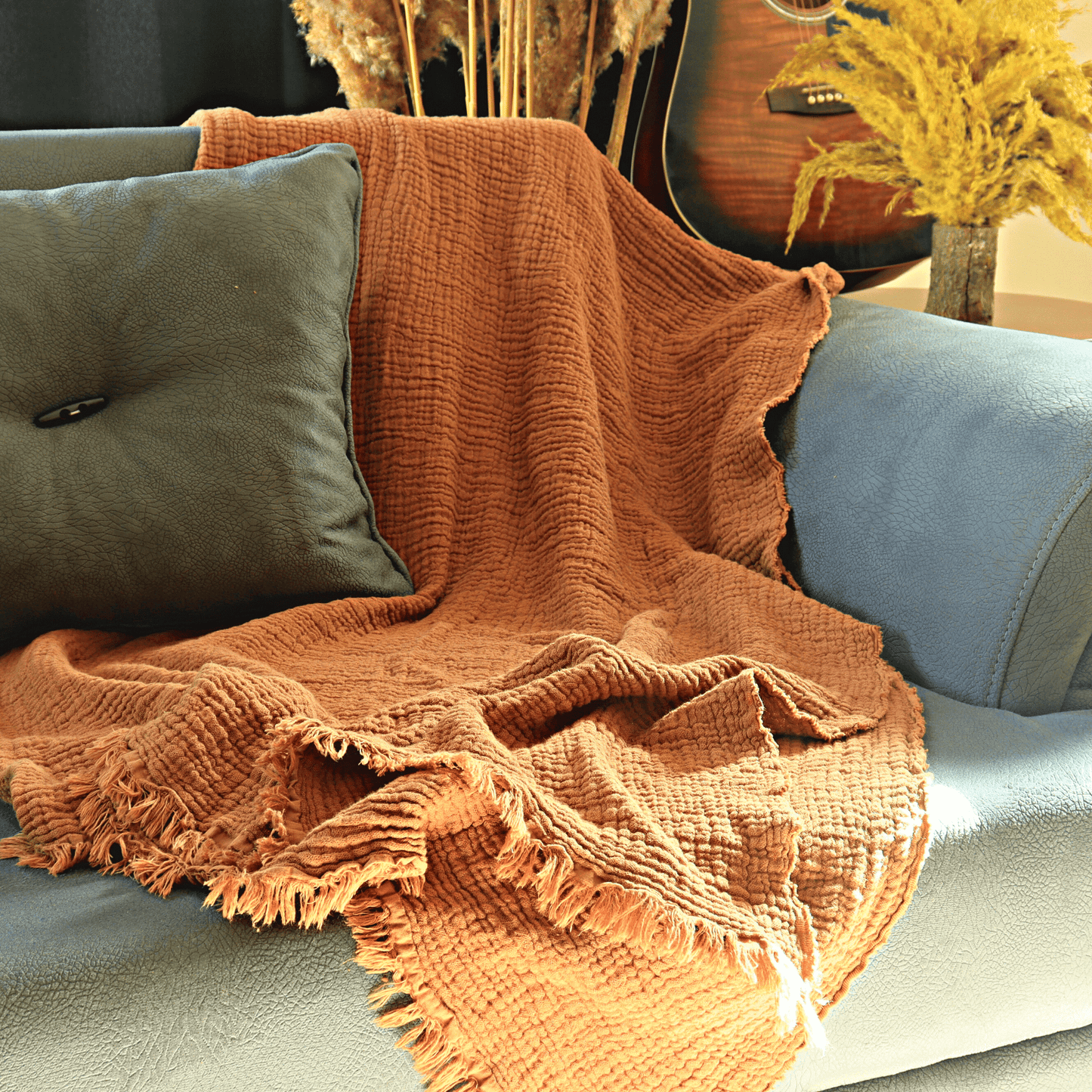 Rust Muslin Throw Blankets