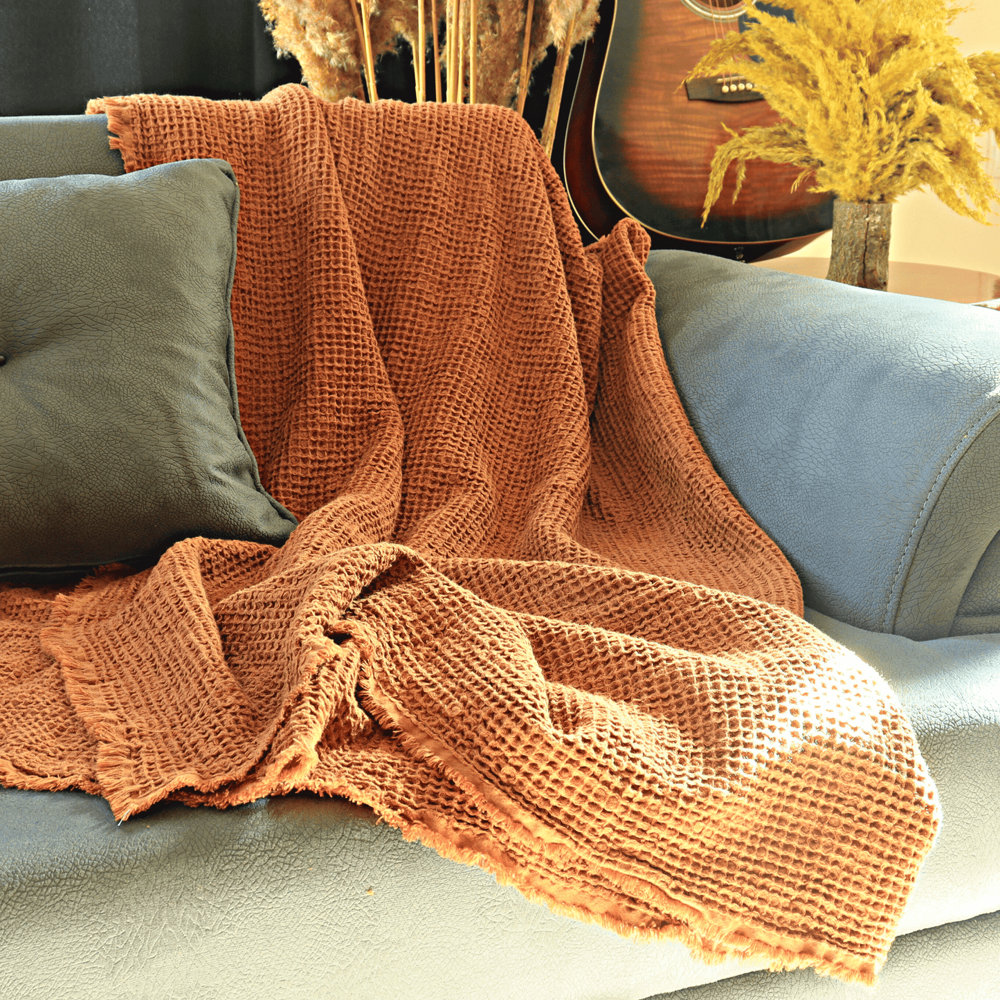 Rust Waffle Throw Blankets