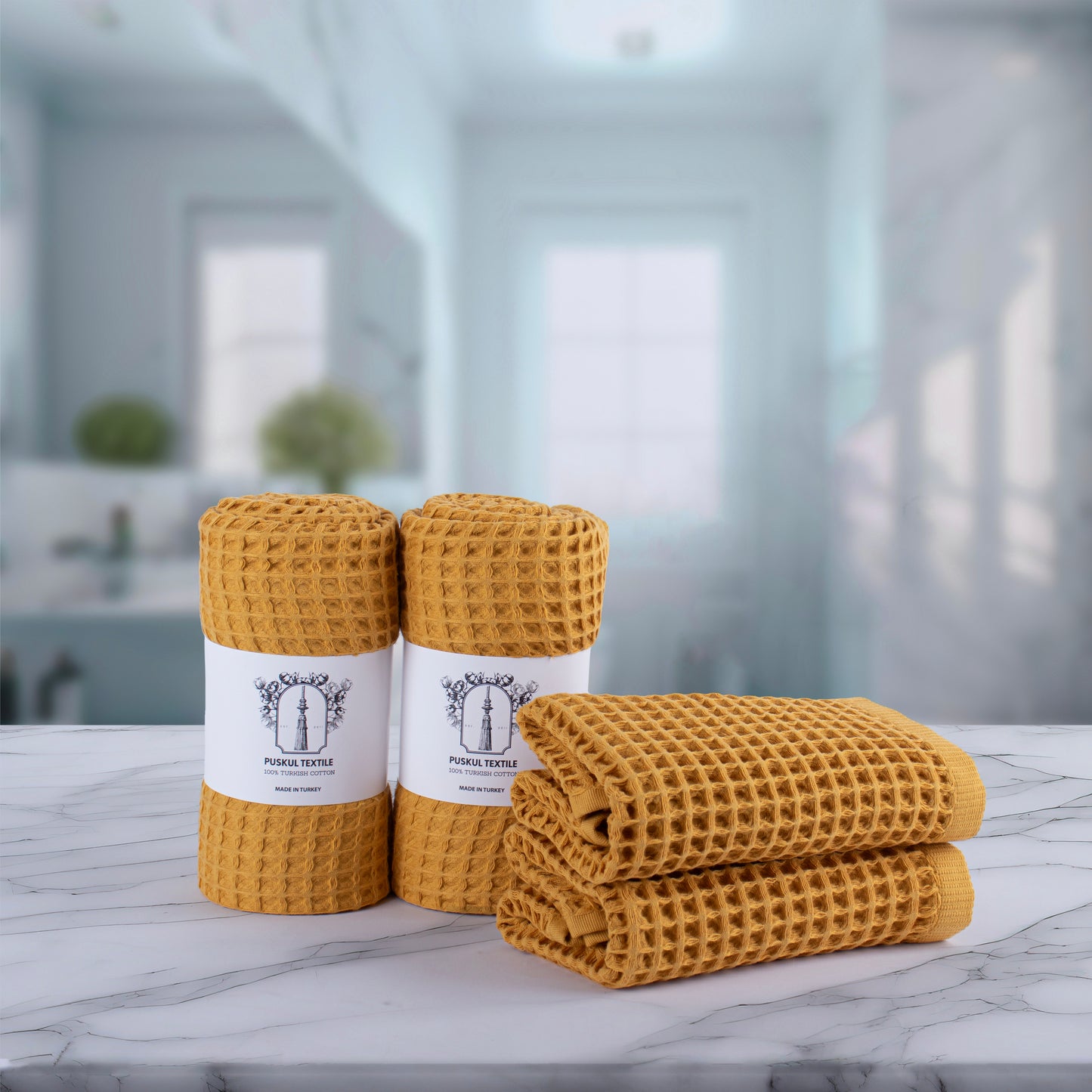 Mustrad Yellow Waffle Weave Towels Sets - 2 Bath, 2 Hand Towels