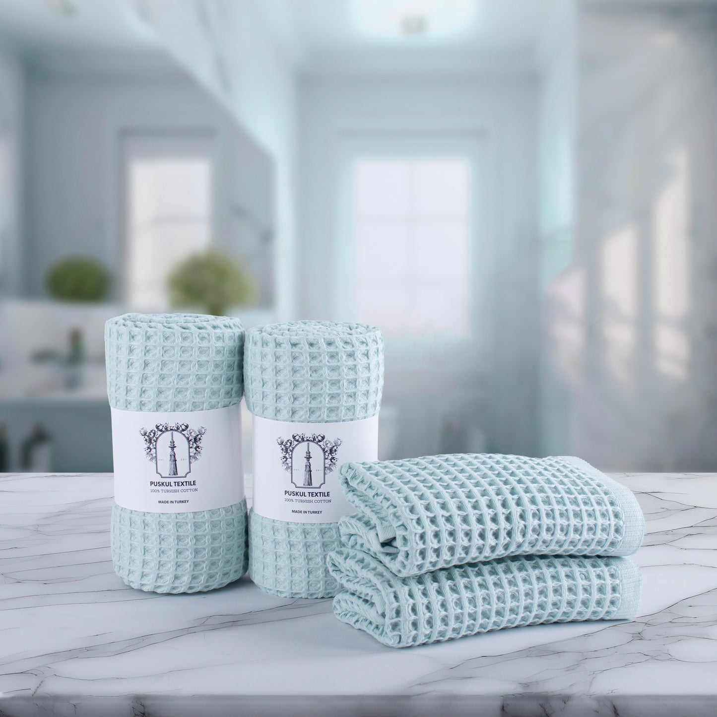 Ice Green Waffle Weave Towels Sets - 2 Bath, 2 Hand Towels