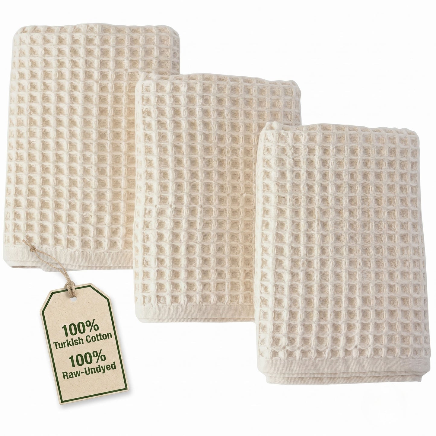 PUSKUL Natural 100% Turkish Cotton Waffle Hand and Kitchen Towels Set of 3, Natural-Raw-Undyed, Natural-Beige