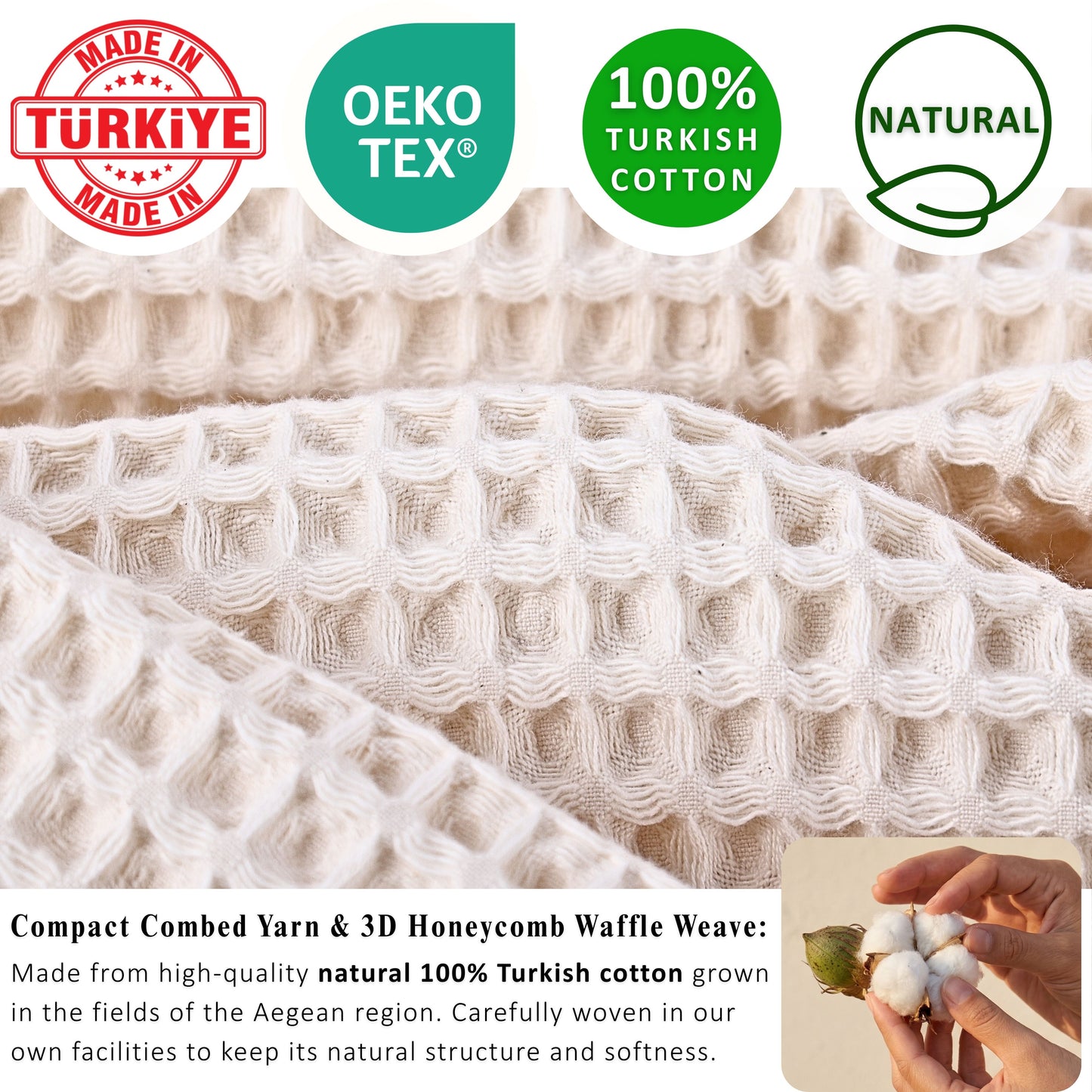 PUSKUL Natural 100% Turkish Cotton Waffle Hand and Kitchen Towels Set of 3, Natural-Raw-Undyed, Natural-Beige