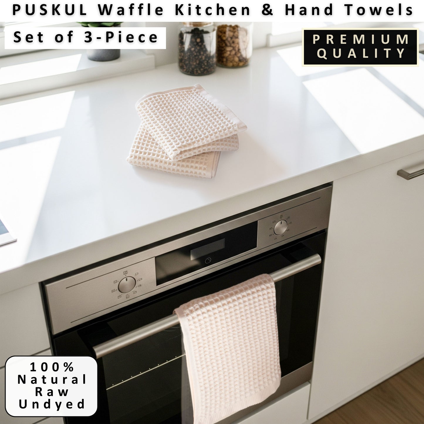 PUSKUL Natural 100% Turkish Cotton Waffle Hand and Kitchen Towels Set of 3, Natural-Raw-Undyed, Natural-Beige