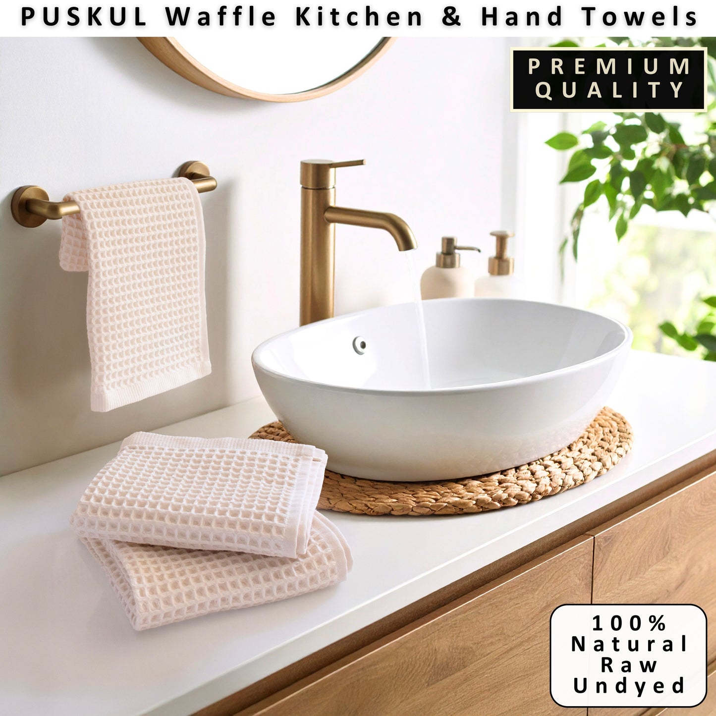 PUSKUL Natural 100% Turkish Cotton Waffle Hand and Kitchen Towels Set of 3, Natural-Raw-Undyed, Natural-Beige