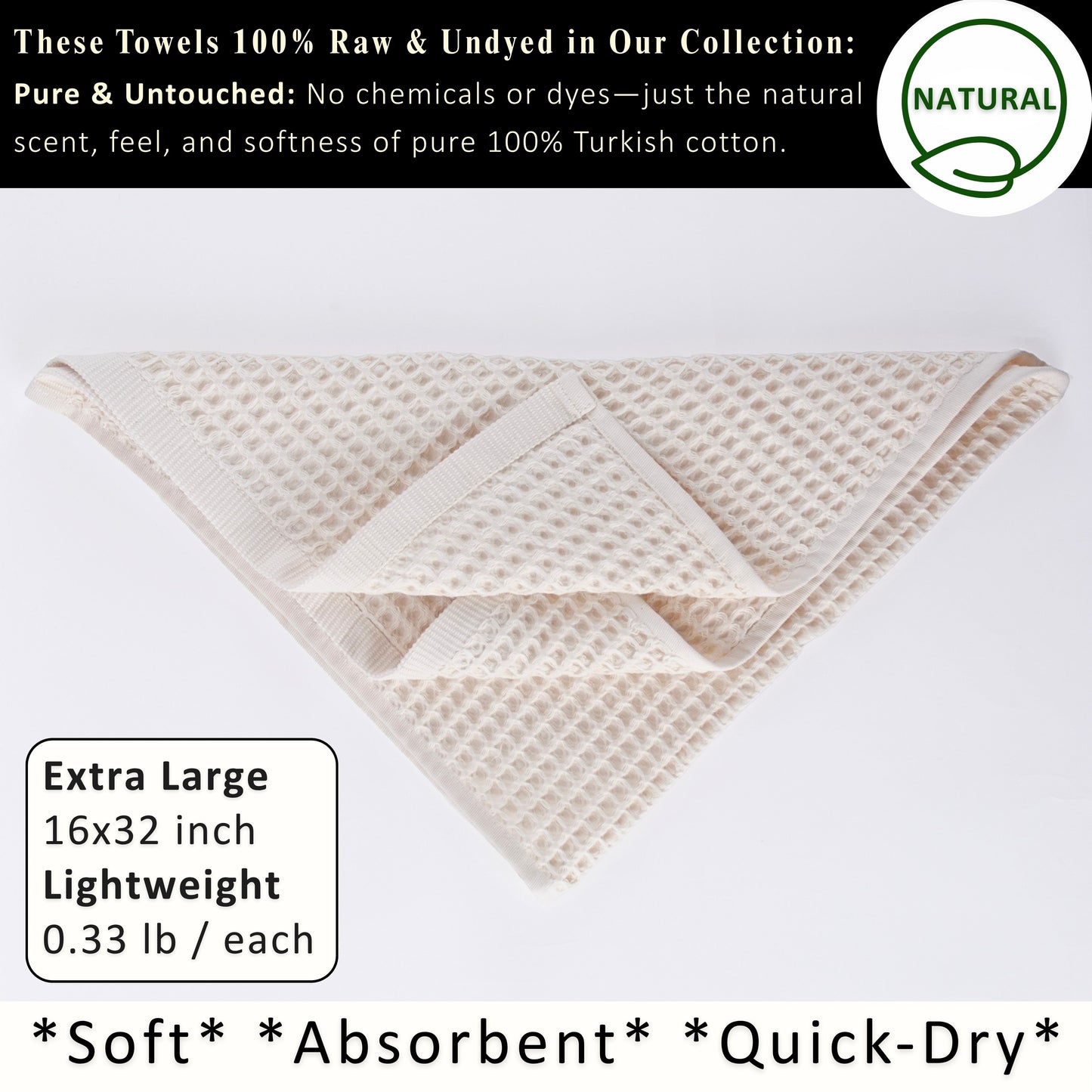 PUSKUL Natural 100% Turkish Cotton Waffle Hand and Kitchen Towels Set of 3, Natural-Raw-Undyed, Natural-Beige