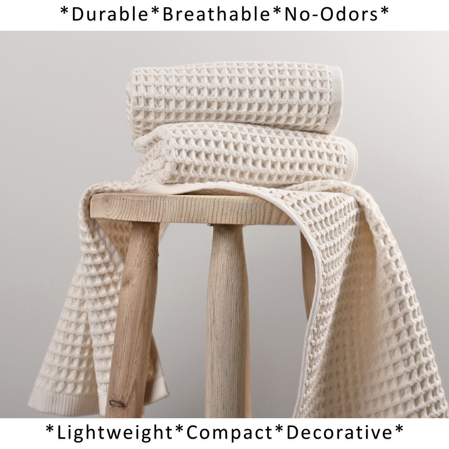 PUSKUL Natural 100% Turkish Cotton Waffle Hand and Kitchen Towels Set of 3, Natural-Raw-Undyed, Natural-Beige