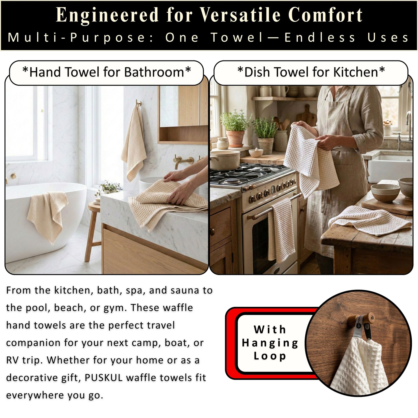 PUSKUL Natural 100% Turkish Cotton Waffle Hand and Kitchen Towels Set of 3, Natural-Raw-Undyed, Natural-Beige